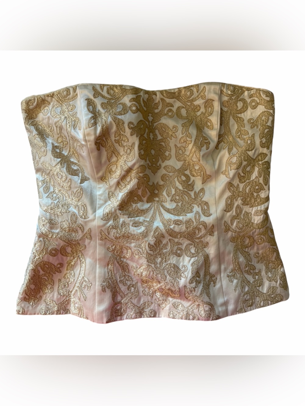 White House Black Market cream gold metallic brocade strapless corset top